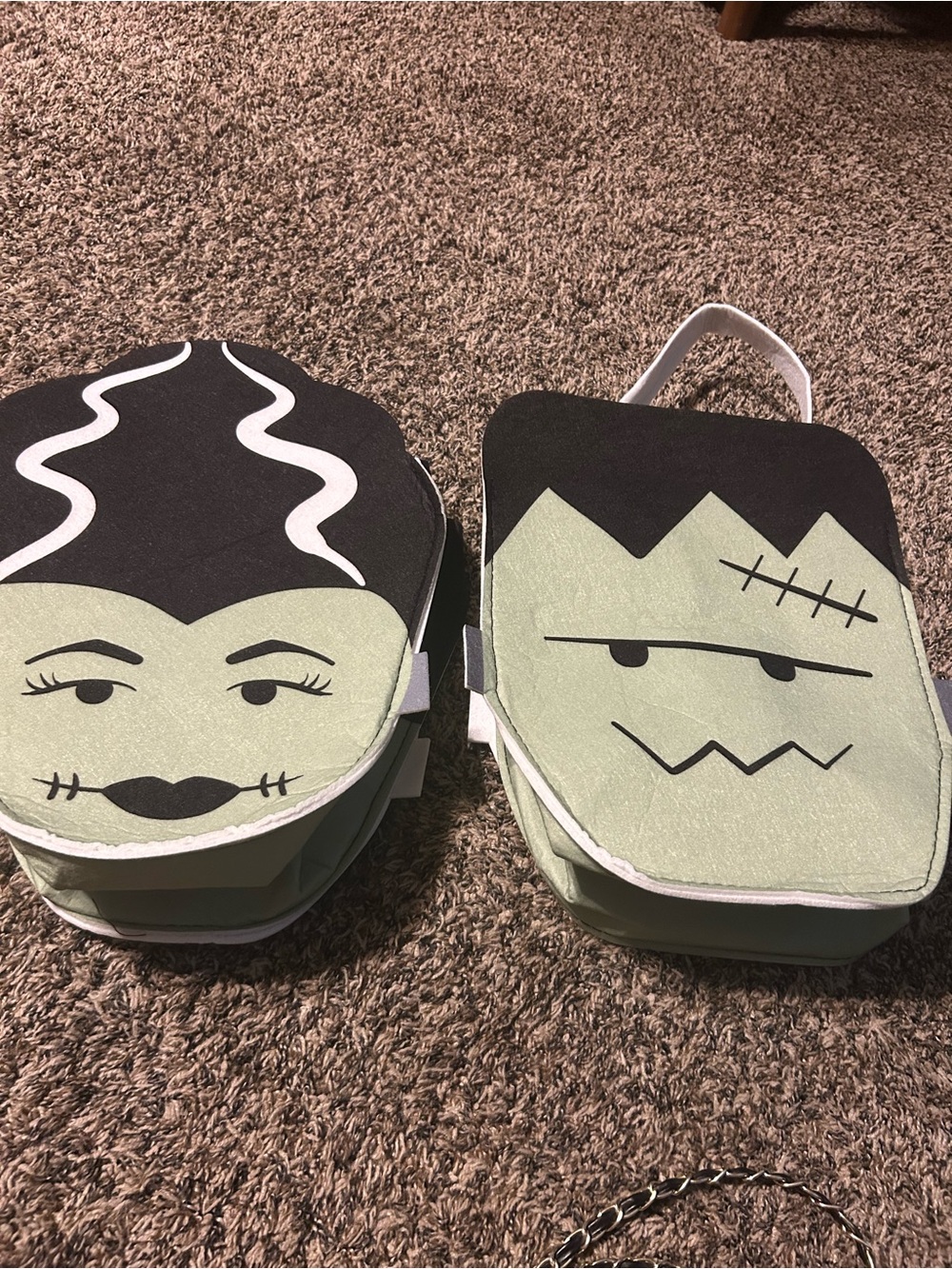 Green Frankenstein & Bride Character Tote Bag Duo - Cute Halloween Set